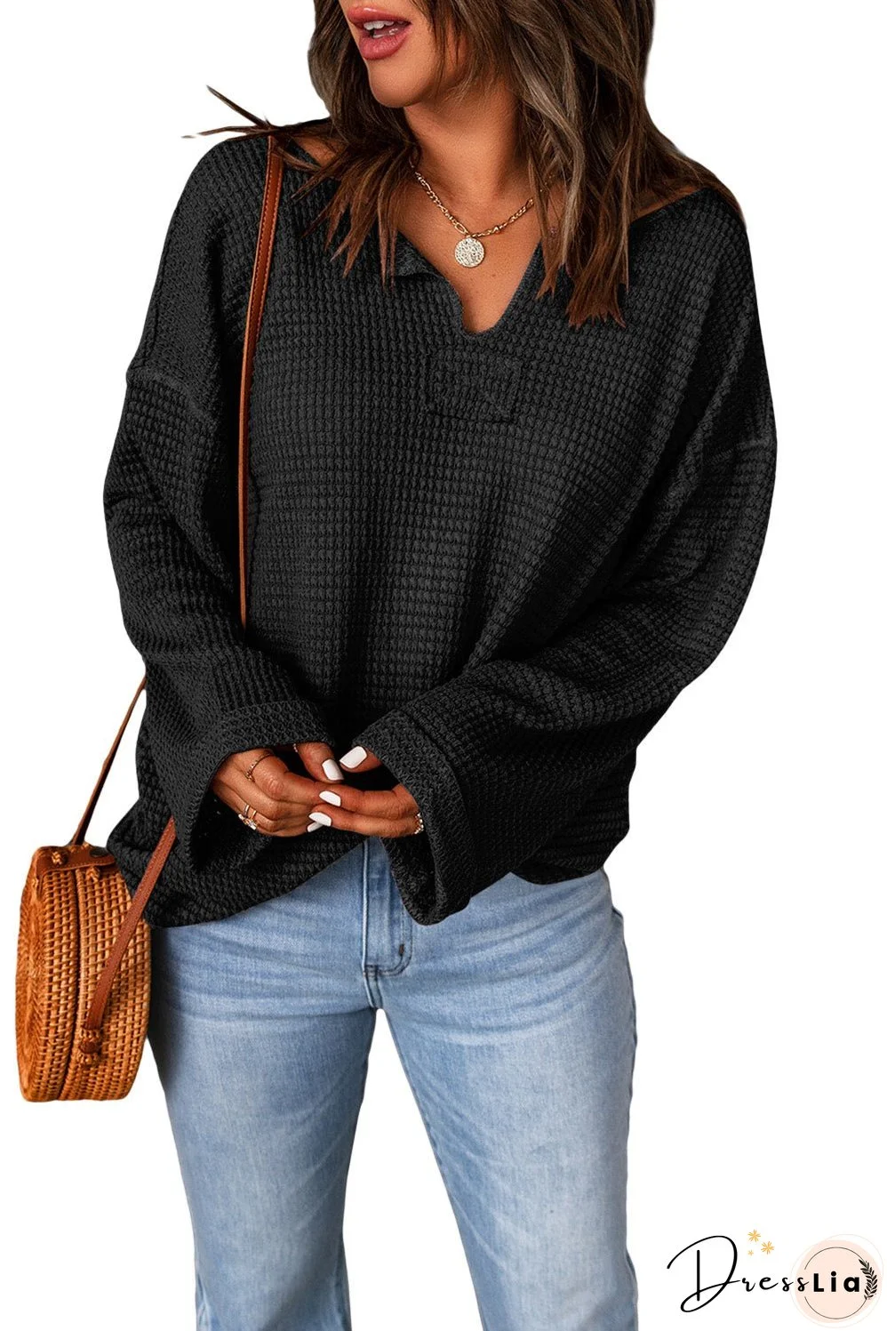 Cozy Black Waffle Texture V-Neck Top