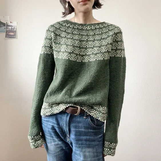 Vintage-Jacquard-Pullover mit langen Ärmeln und Rundhalsausschnitt
