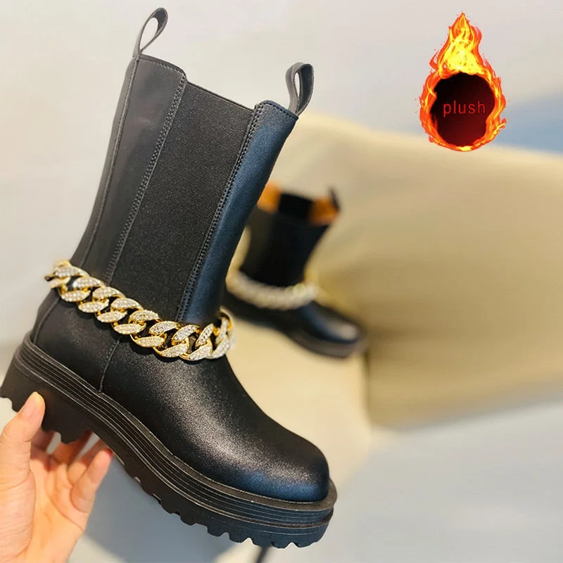 Women's Short Boots Black Removable Metal Chain Fashion Woman Ankle Boot Shoes Leather Platform Luxury Chelsea Boot Winter 2021