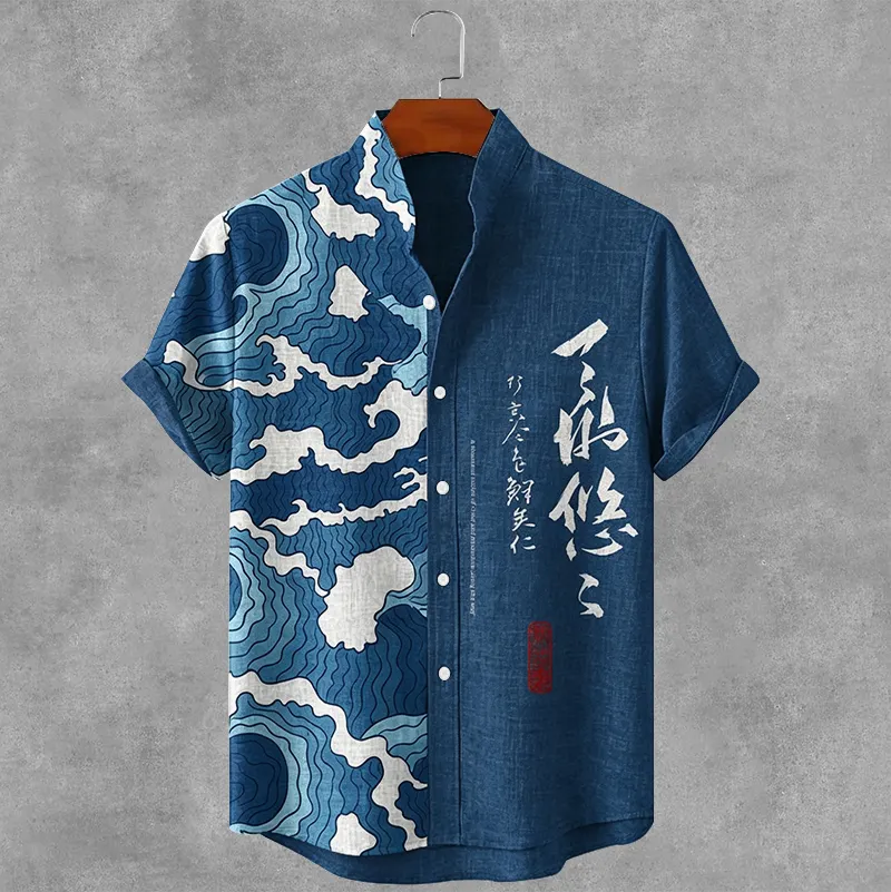 Men's Japanese Wave And Calligraphy Art Pattern Linen Shirt  artssus
