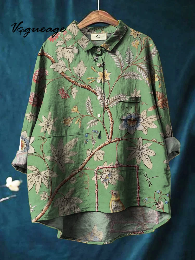 Meticulous Plant Bird Print Cotton And Linen Shirt