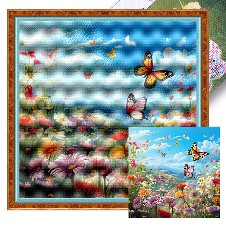 『HuaCan』Butterfly in Flower - 11CT Stamped Cross Stitch(45*45cm)