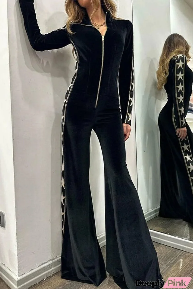 Casual Solid Patchwork Zipper Half A Turtleneck Regular Jumpsuits