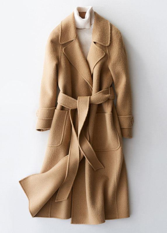 VCSHOES plus size clothing long jackets lapel collar women coats khaki tie waist wool overcoat