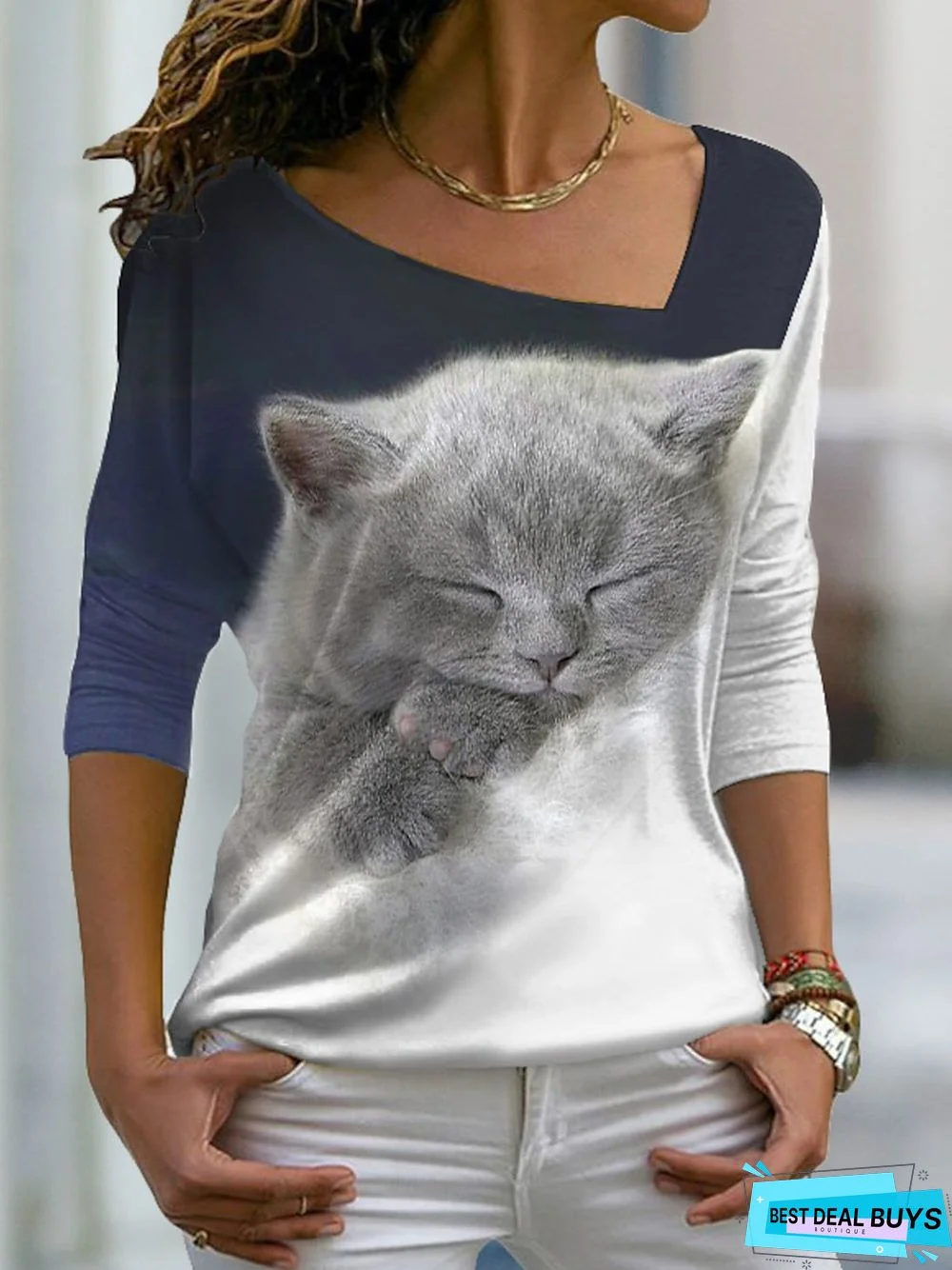 Casual Cat Loose Jersey T-Shirt