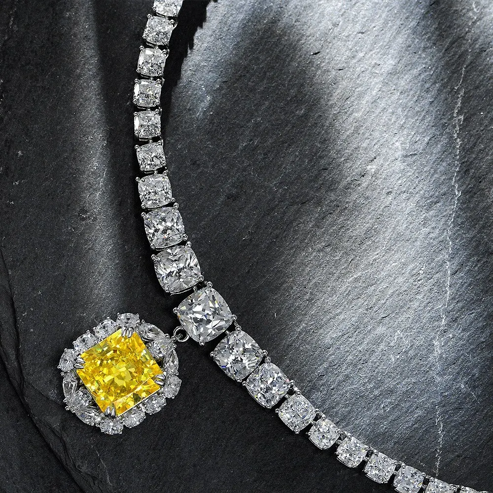 100% 925 Sterling Silver 13*13 MM Pincushion Created Moissanite Citrine Gemstone Pendant Necklace Fine Jewelry Gift