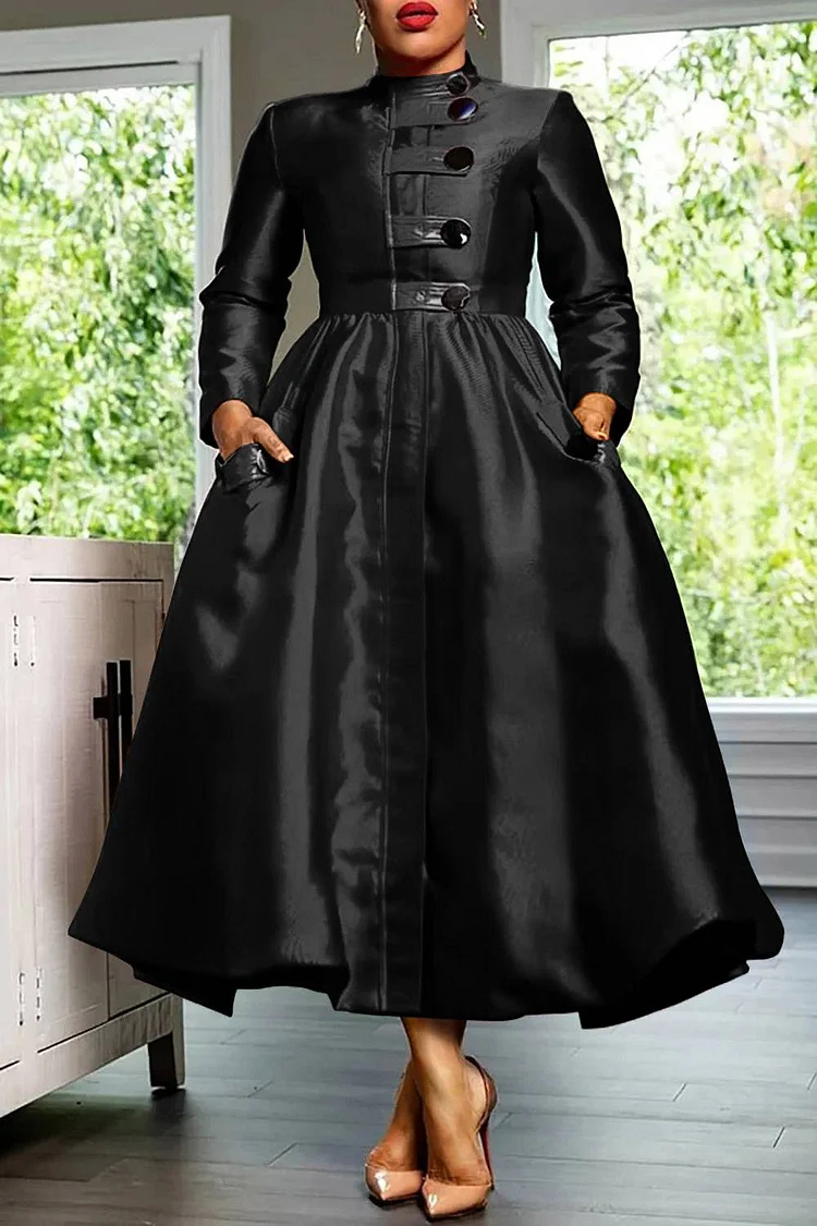 Plus Size Formal Dress Black A-Line Mock Neck Button Maxi Dress [Pre-Order]