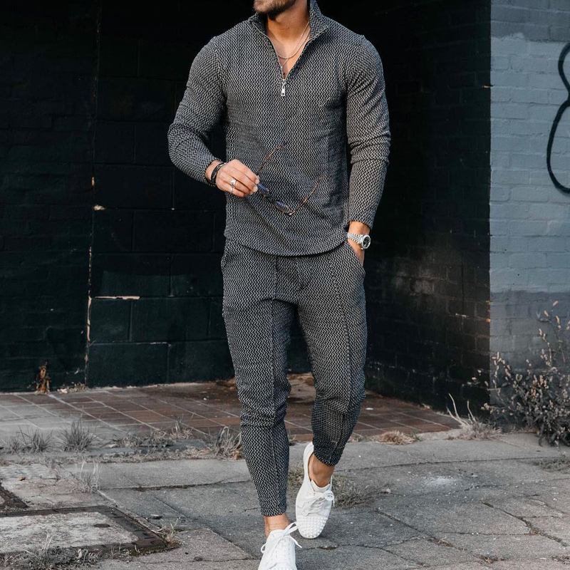 Curve Texture Long-sleeved Polo And Sweatpants Set