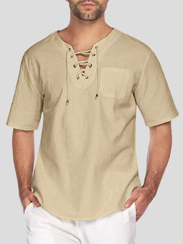 Aonga - Mens Eyelet Drawstring Casual Short-sleeved ShirtsI