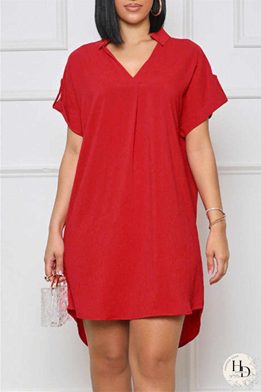 White Fashion Casual Solid Patchwork V Neck Short Sleeve Dress