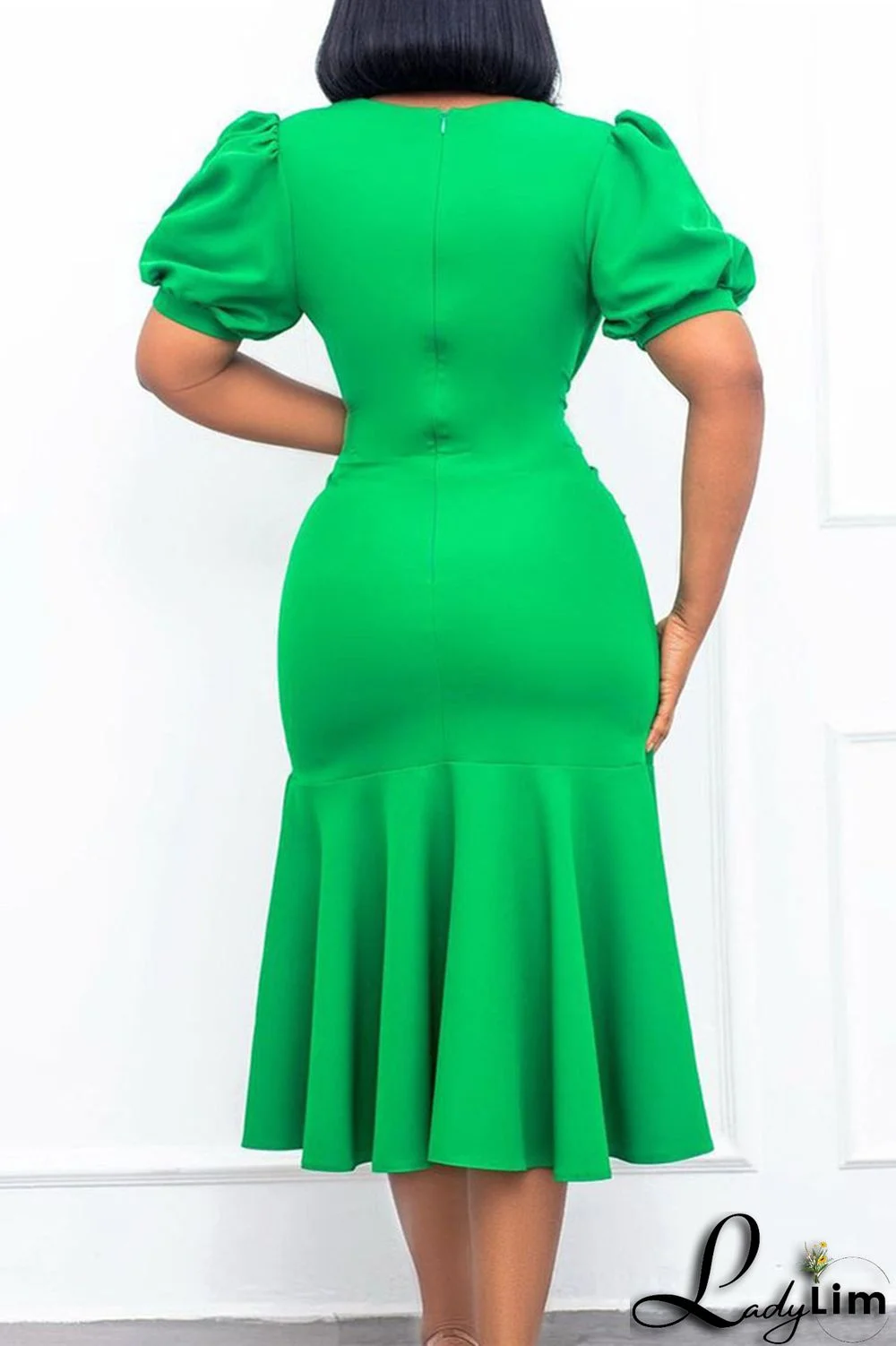 Green Fashion Casual Solid Fold V Neck Pencil Skirt Dresses