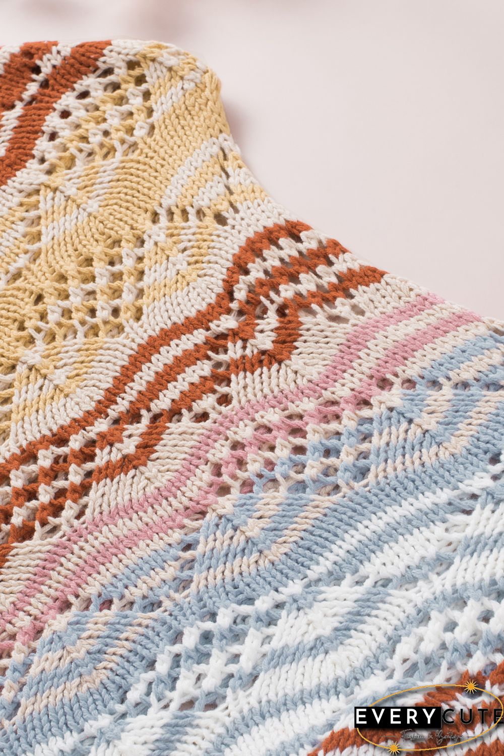 Multicolor Stripe Knit Hollow Out Drop Shoulder Sweater