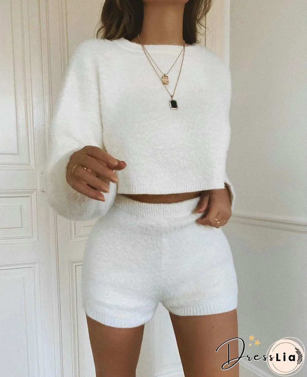 White Sweater Loose Long Sleeve Tops Tight Shorts Set