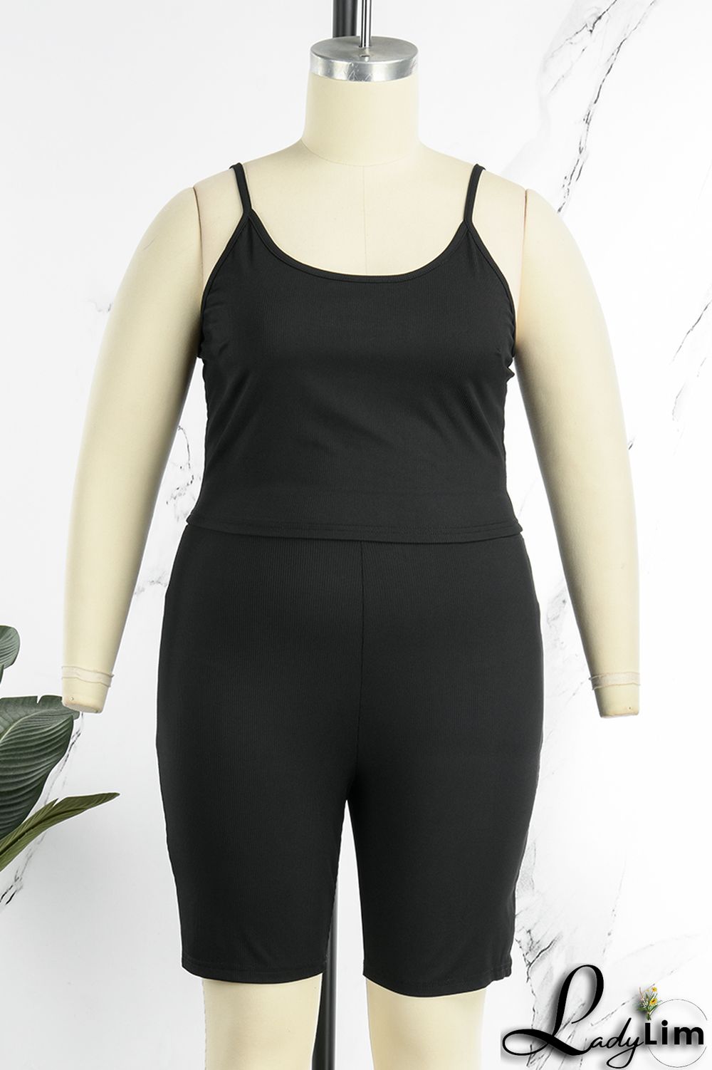 Black Sexy Casual Solid Backless Spaghetti Strap Plus Size Two Pieces