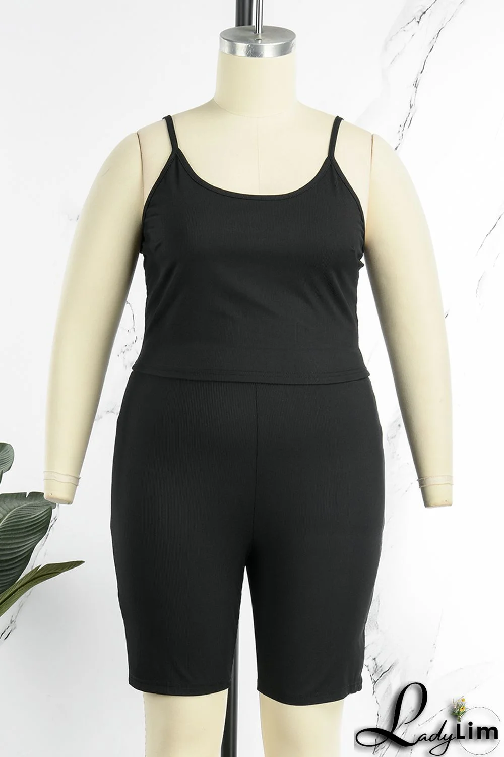 Black Sexy Casual Solid Backless Spaghetti Strap Plus Size Two Pieces