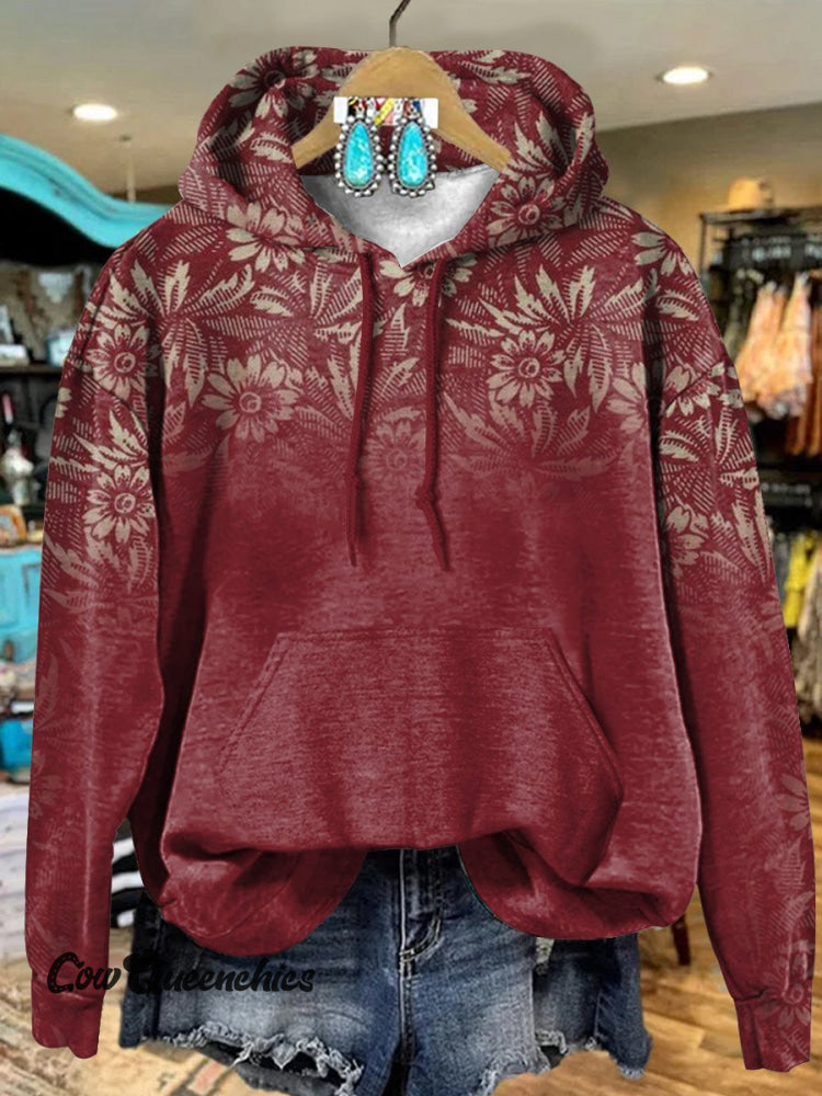 Retro Red Gradient Flowers Art Print Casual Hoodie Sweatshirt Multicolor / S