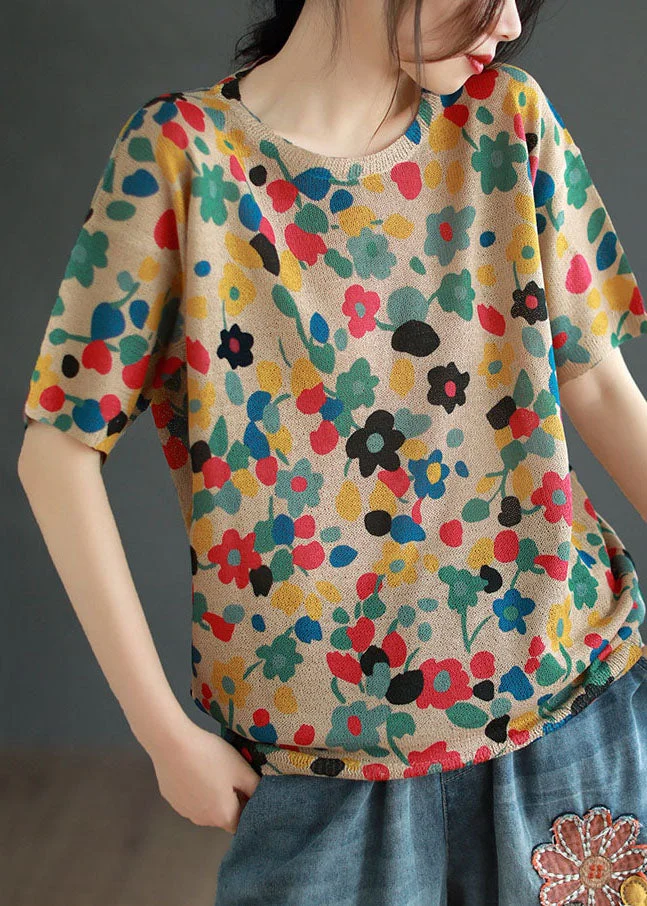 Red Floral Print Patchwork Cotton T Shirt Top O Neck Summer