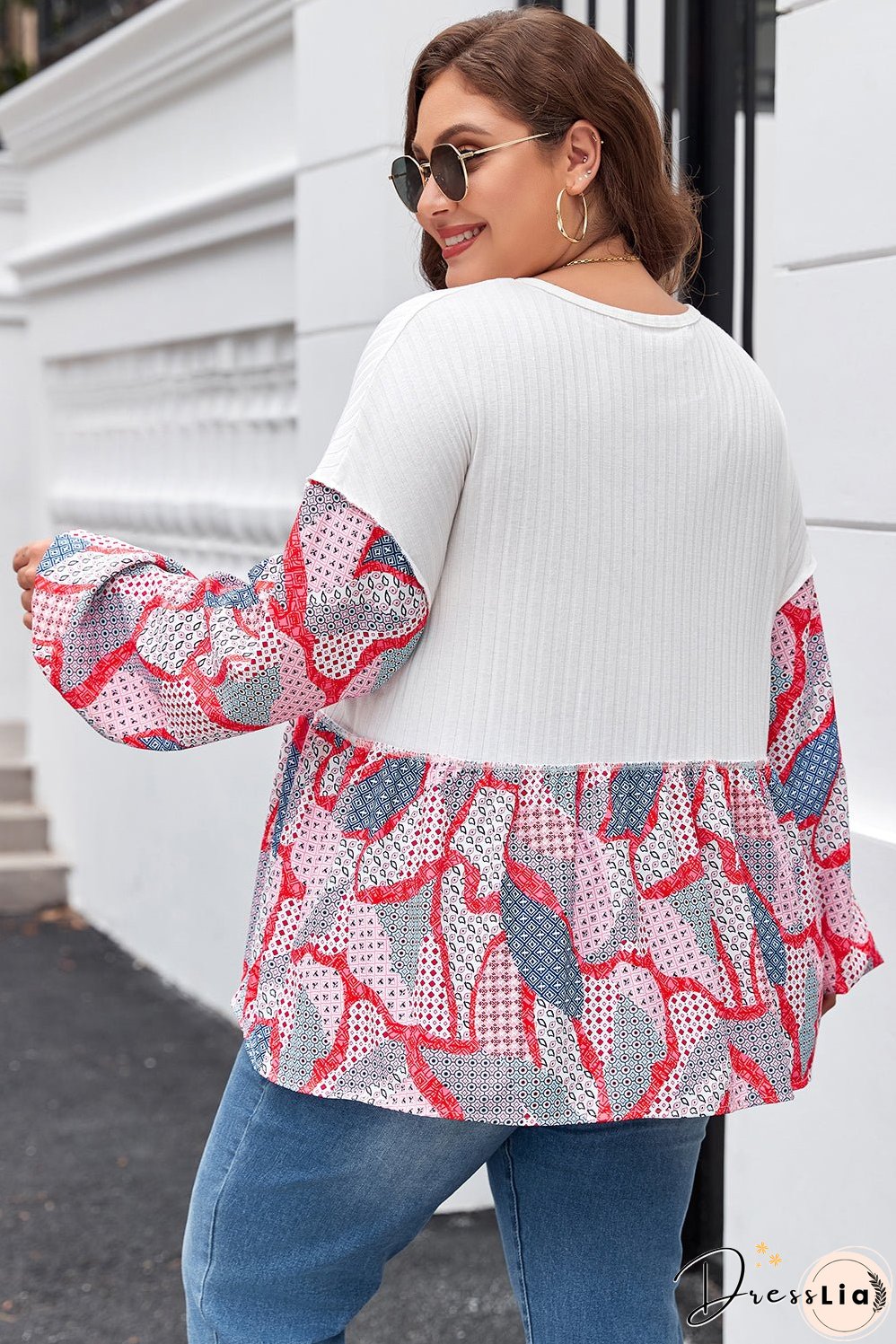 Apricot Plus Size Printed Patchwork Textured Buttoned Blouse