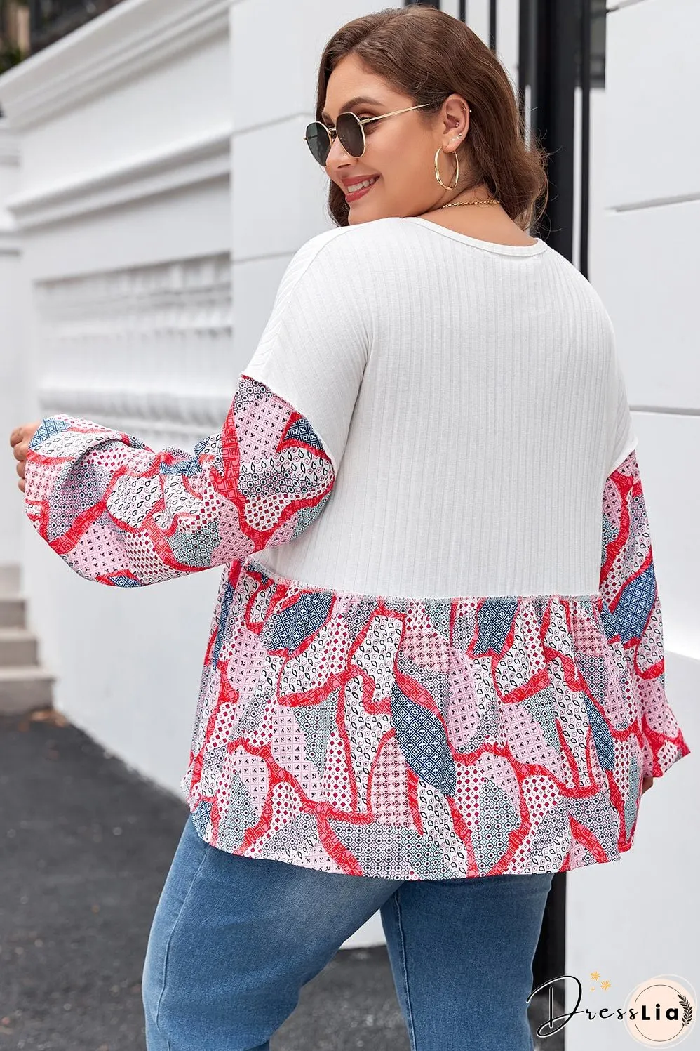 Apricot Plus Size Printed Patchwork Textured Buttoned Blouse