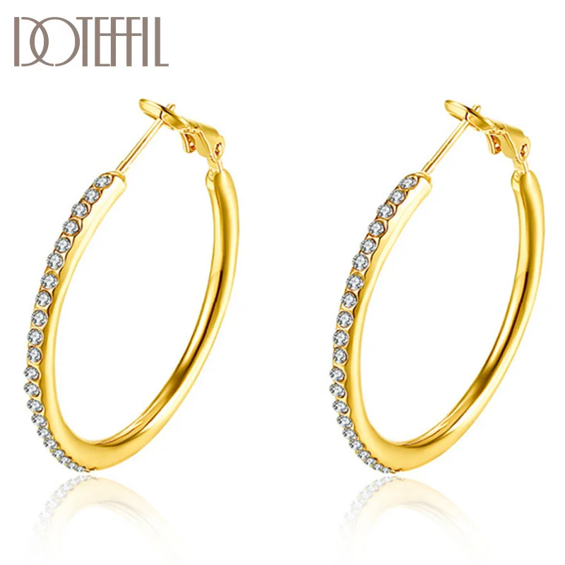 DOTEFFIL 925 Sterling Silver Big Circle Shape AAA Zircon 18K Gold Earrings Women Jewelry