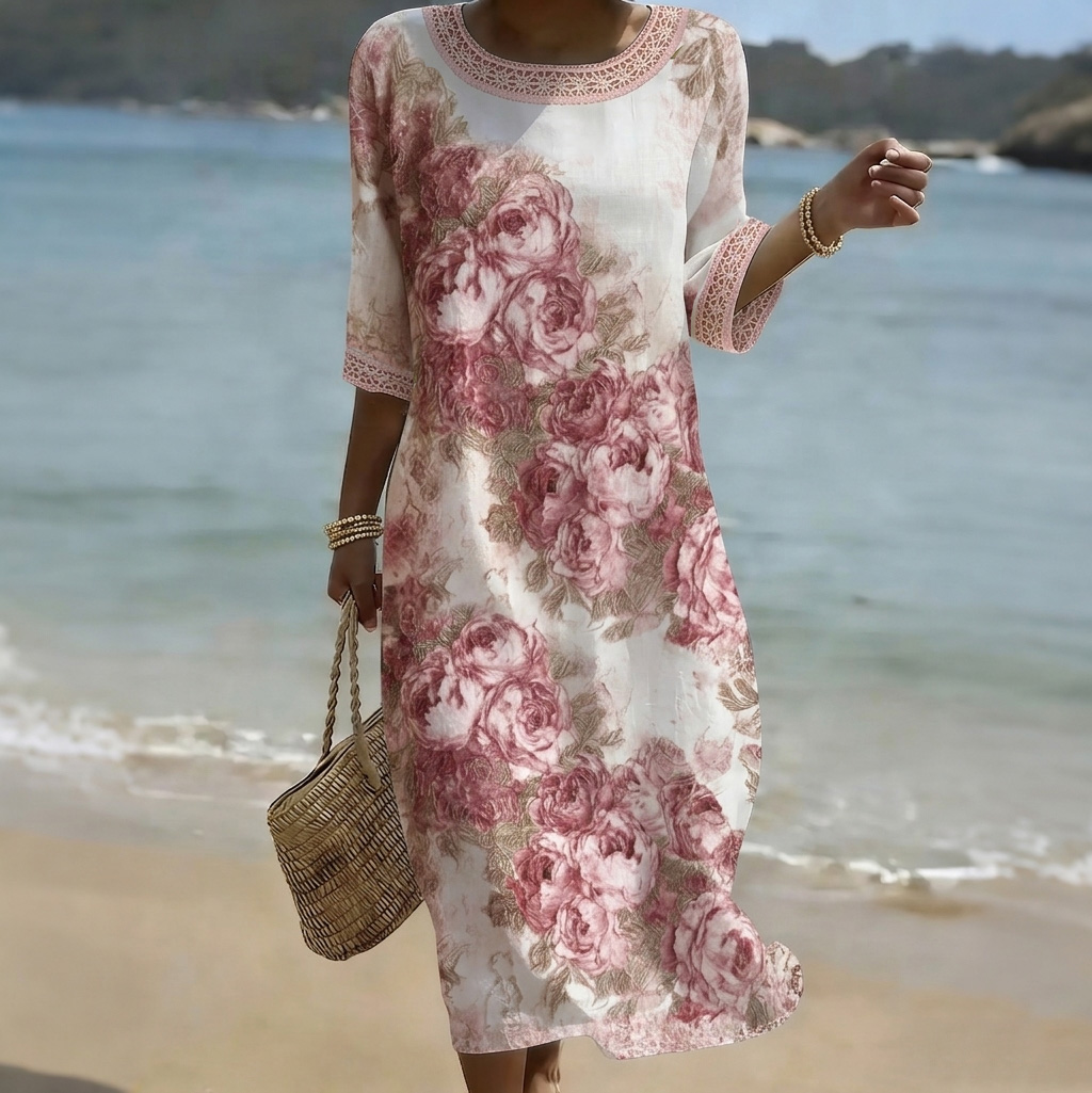 Women's Vintage Floral Art Print Linen Blend Dress elevenforest