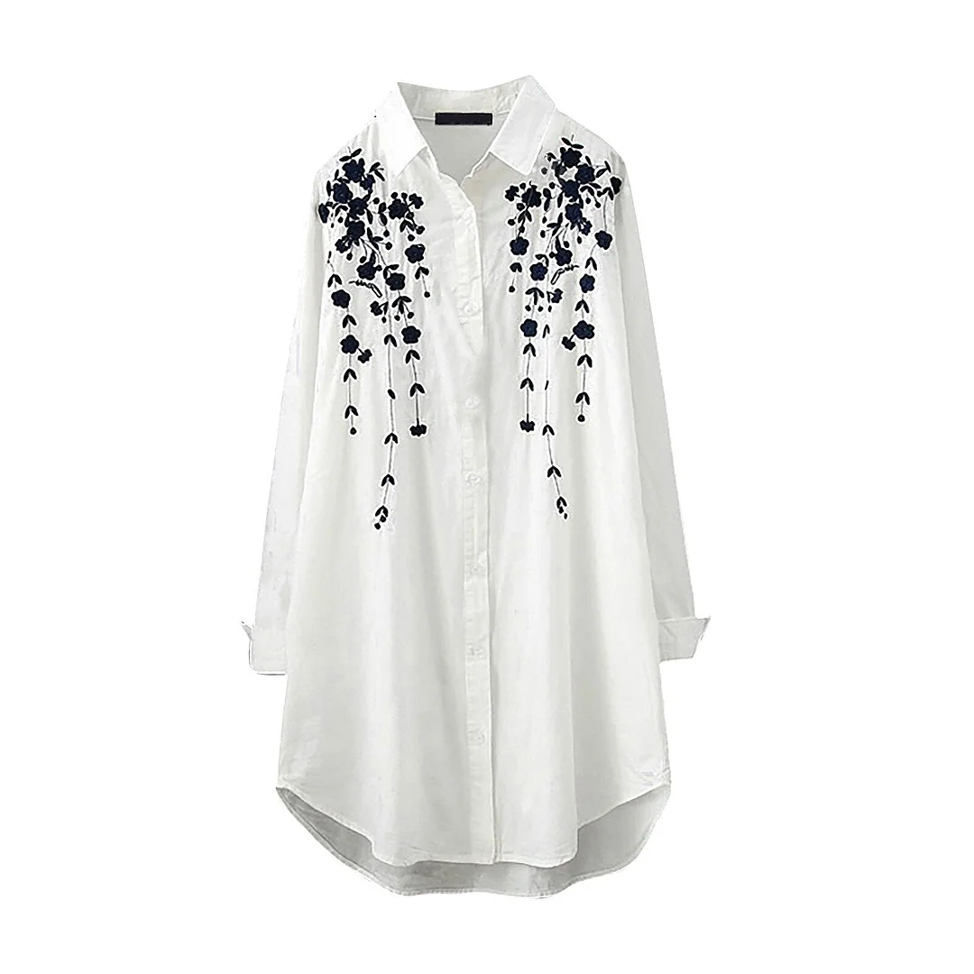 Plus Size Women Spring Shirt White Tunic Tops Casual Long Sleeve Floral Printed Button Long Blouse Shirts 2021 Elegant Blouses