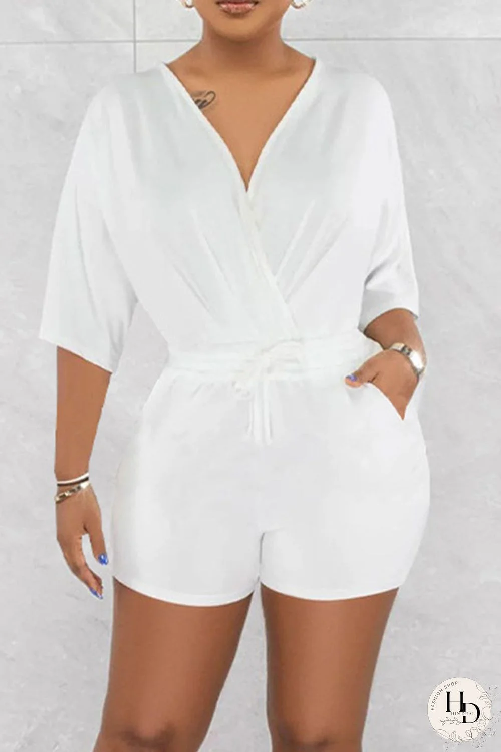 White Casual Solid Patchwork V Neck Straight Jumpsuits