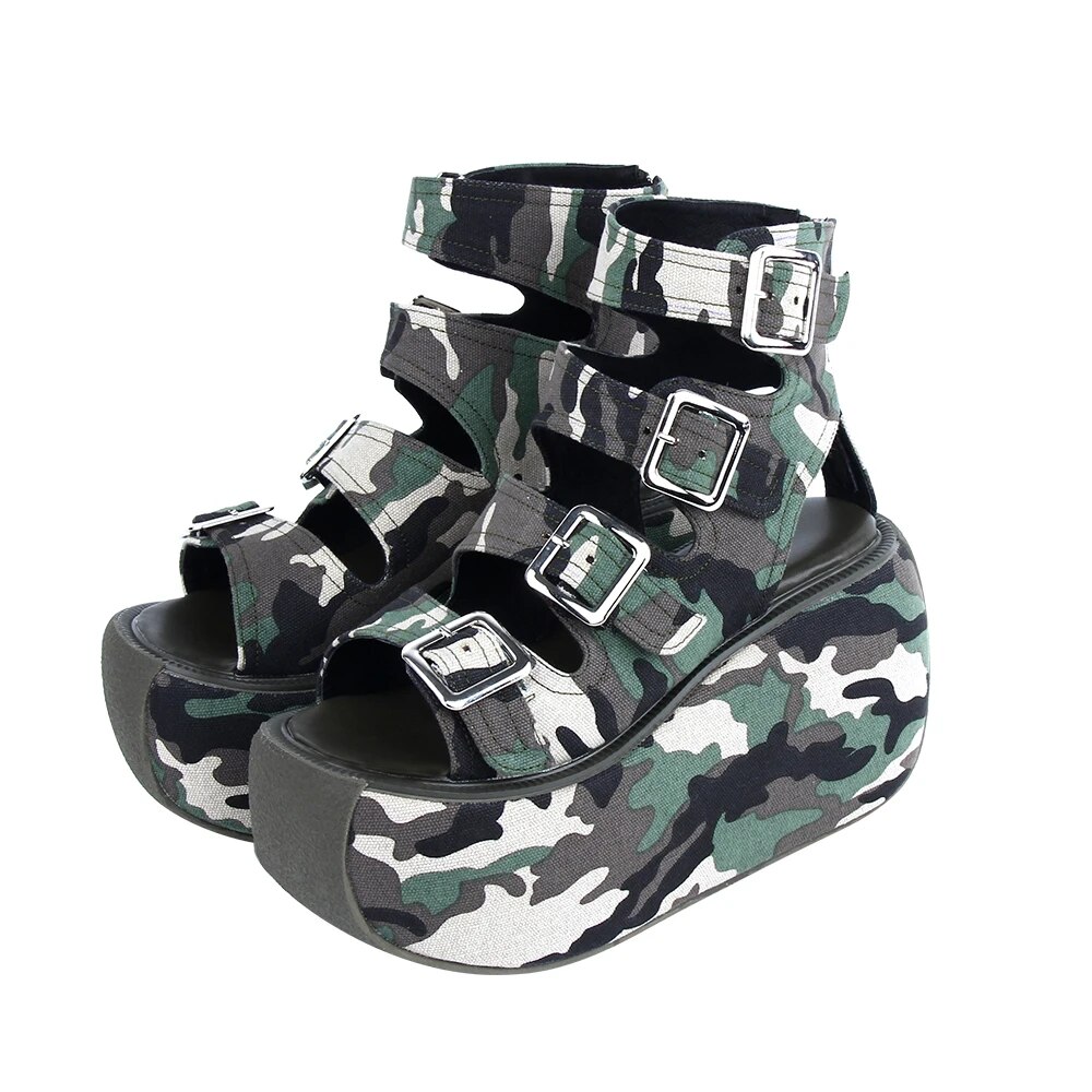 TAAFO Woman Camouflage Shoes Lady Wedges High Heels Pumps Girl Dress Party Sandals 10cm Heels Plus Size Cool Sandals 6013