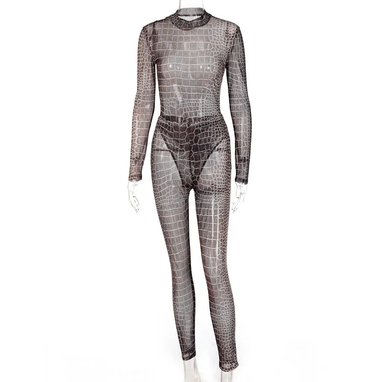 Hugcitar 2020 snake print mesh see-through bodysuit leggings 2 pieces set autumn winter women fashion streetwear outfits sexy cl