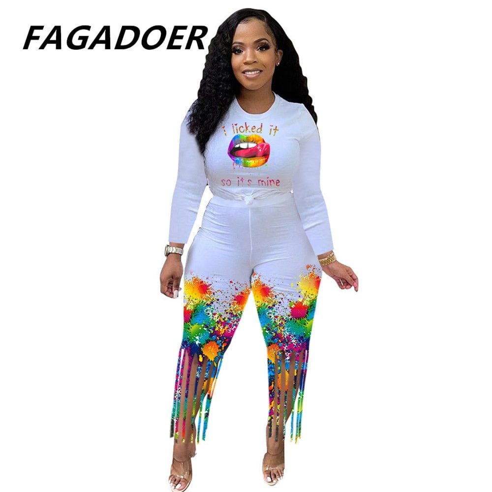 Fagadoer Tie Dye Casual Two Piece Set Plus Size Shorts Set Women Long Sleeve Crop Top Tassel Shorts Sport Traeksuits Outfits