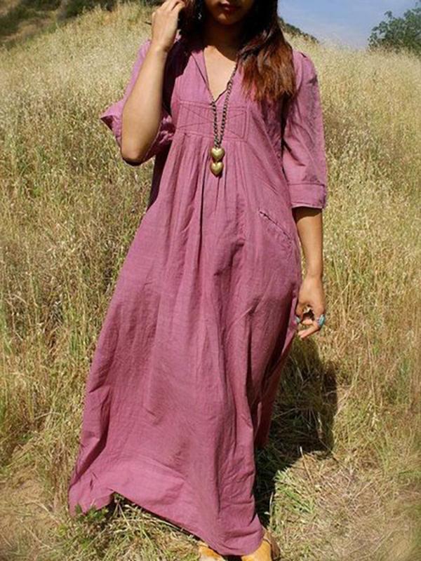 Deep Pink Cotton-Blend Half Sleeve Big Hem Dress Dresses