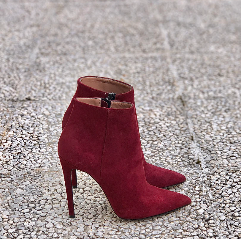 Soft Suede Leather Ankle Boots In Women Pointed Toe Stilettos Zipper Booties