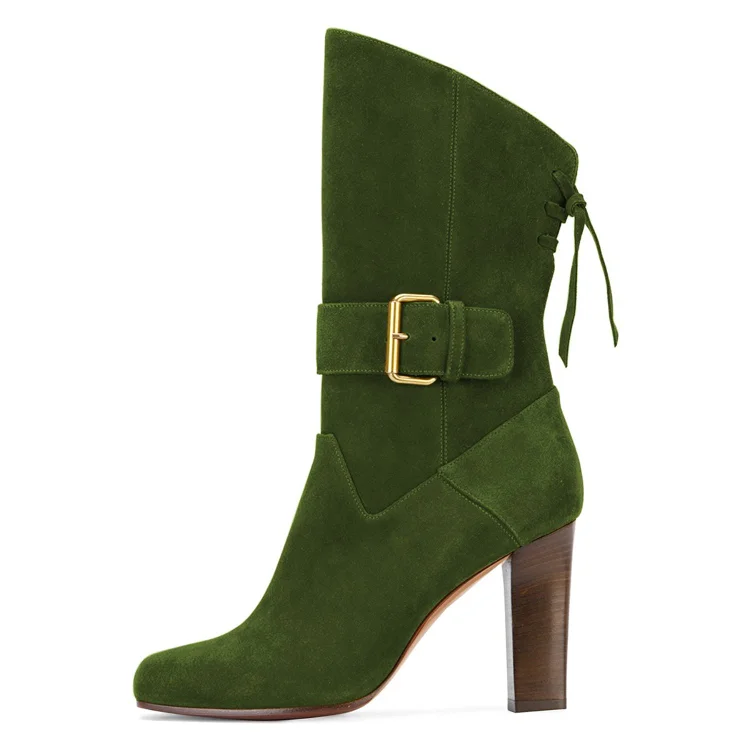 Green Lace Up Mid Calf Chunky Heel Suede Boots - Square Toe Vdcoo