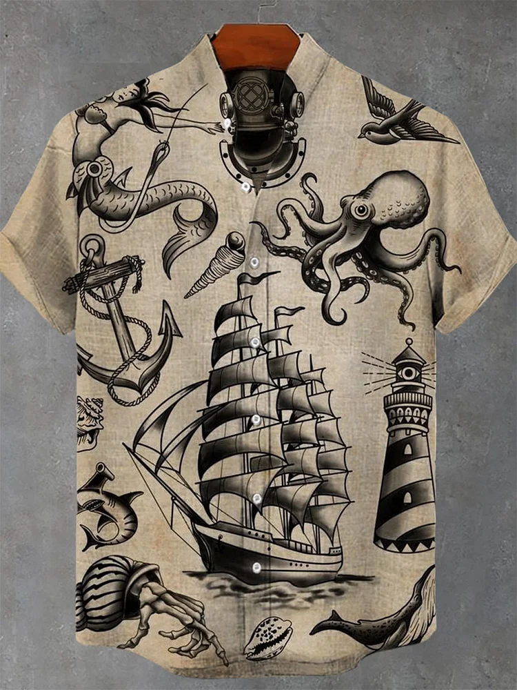 Gray Japanese Art Undersea Creatures & Sailing Ship Print Casual 100% Cotton Shirt