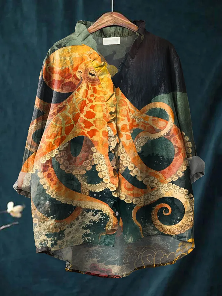 Women's Lovely Octopus Art Print Casual Cotton And Linen Ruffle Shirt
