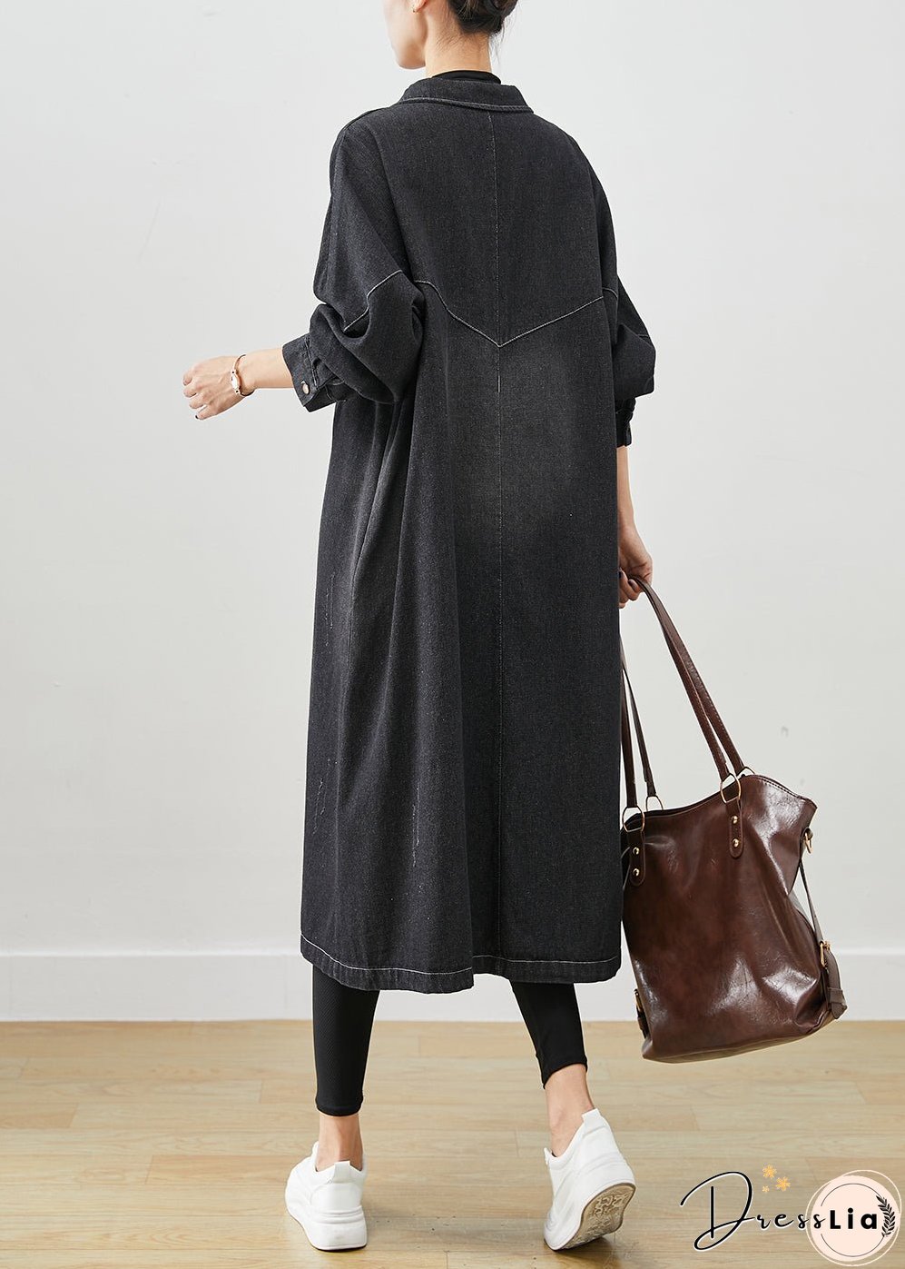 Plus Size Black Oversized Pockets Cotton Coats Fall