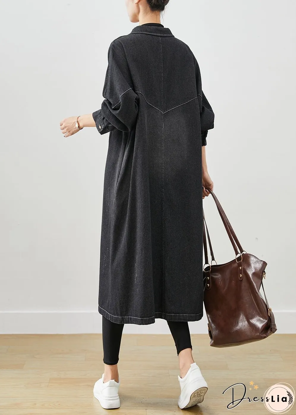 Plus Size Black Oversized Pockets Cotton Coats Fall