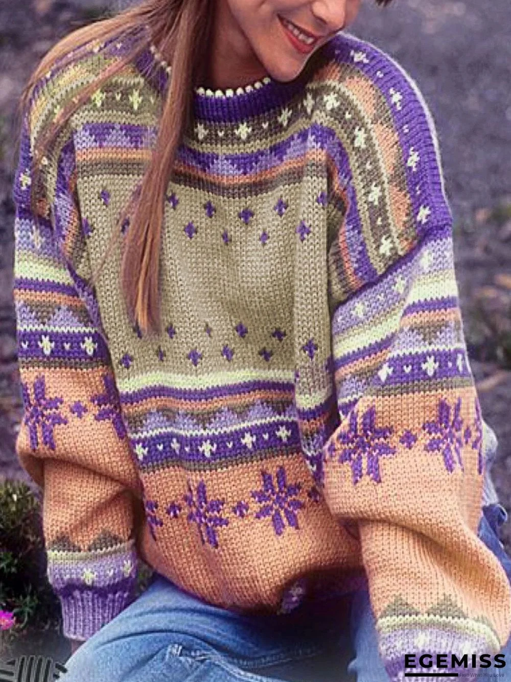 Casual Long Sleeve Round Neck Plus Size Sweater | EGEMISS