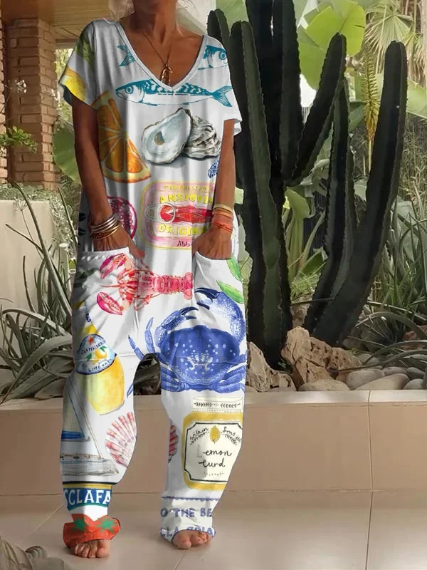 Casual Ocean World Art Print V Neck Jumpsuit