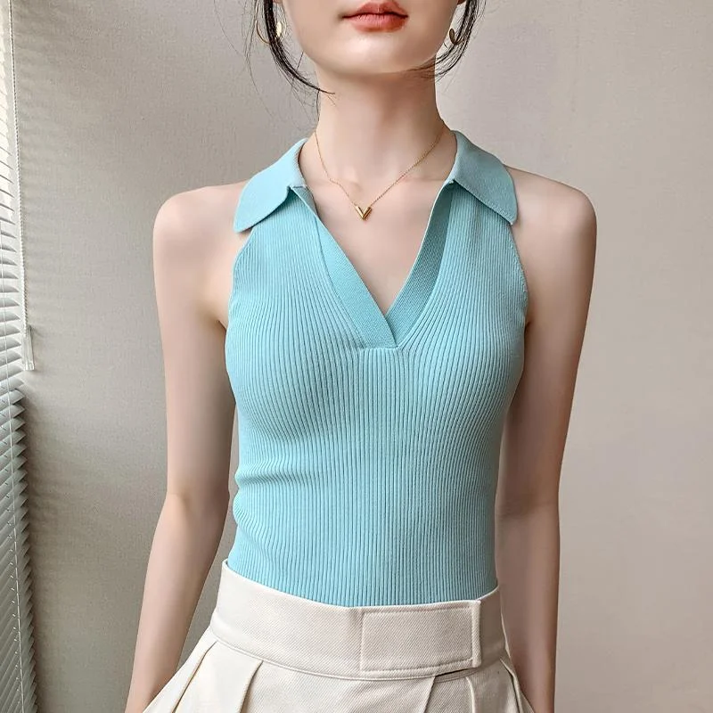 Wongn Camisole Women's New Summer Dopamine Wear V-neck Hooded Halterneck Lapel Sleeveless Top