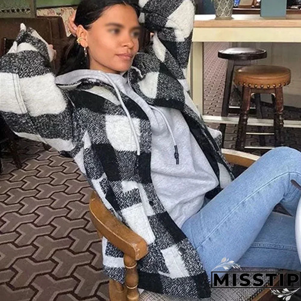 Classic Thick Colorblock Checked Button Down Shirt Jacket Woolen