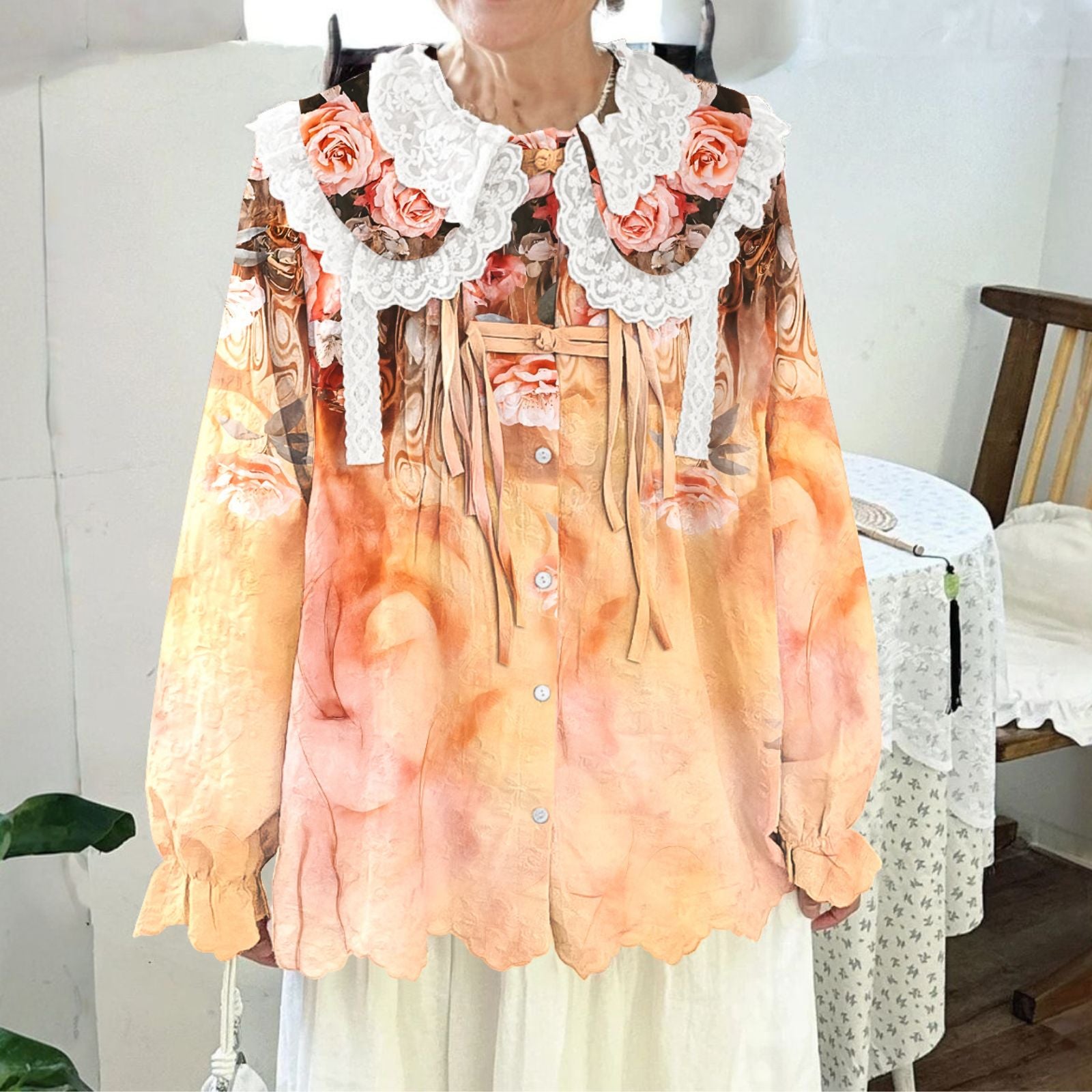 Women Printed Long Sleeve Round-neck  Cute Collar Shirts Blouses Orange