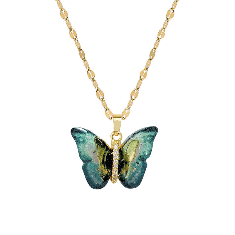 Colorful Butterfly Personality Fashion Gorgeous Full Diamond Necklace Women’S All-Match Clavicle Chain Titanium Steel