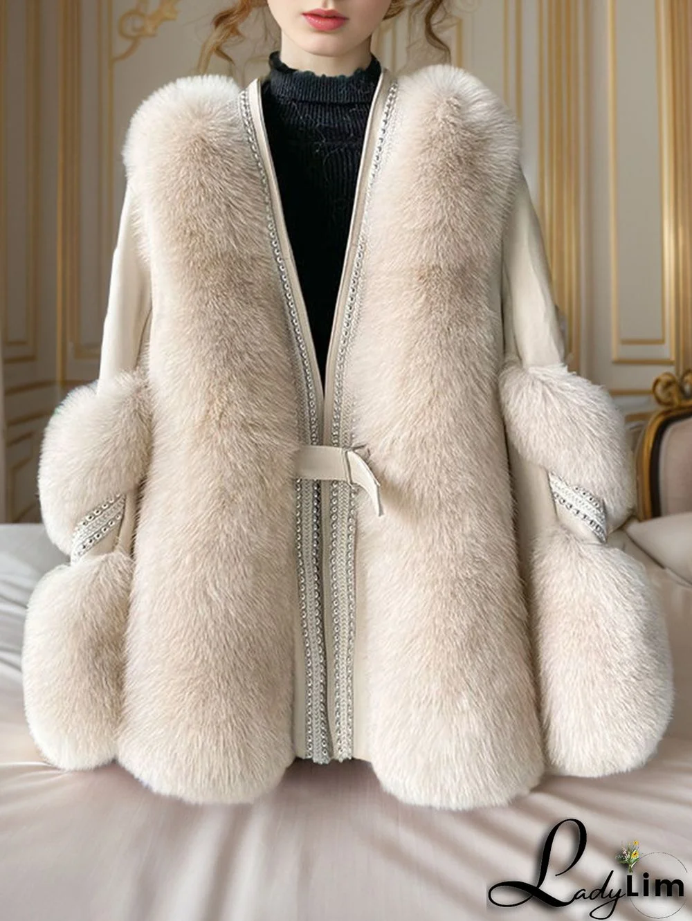 Daily Faux Fur Patchwork Buckle Belt Solid Plush Coat