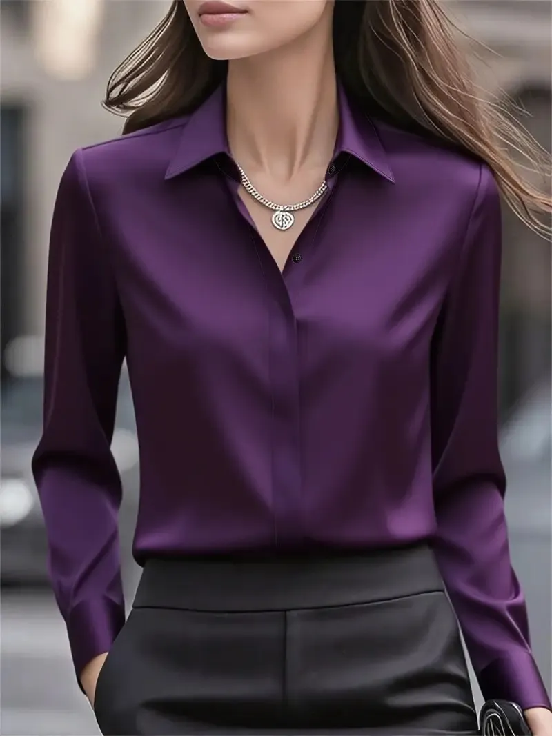 Satin Button-Down Long Sleeve Blouse