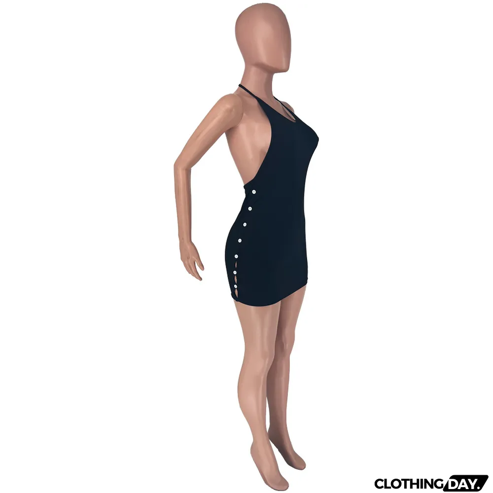 Halterneck Tie Open Back Side Button Dress