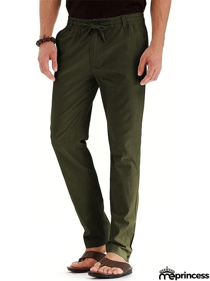 Men's Elastic Drawstring Waistband Casual Straight Cotton Pants