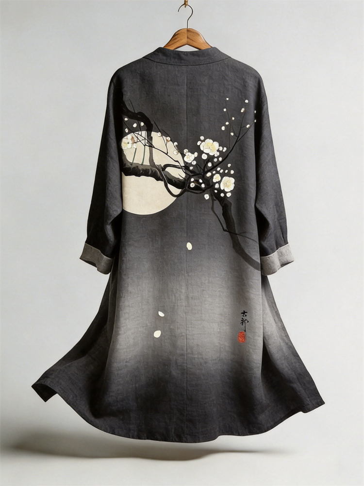 Japanese Plum Blossom Full Moon Gradient Flowy Linen Kimono  artssus