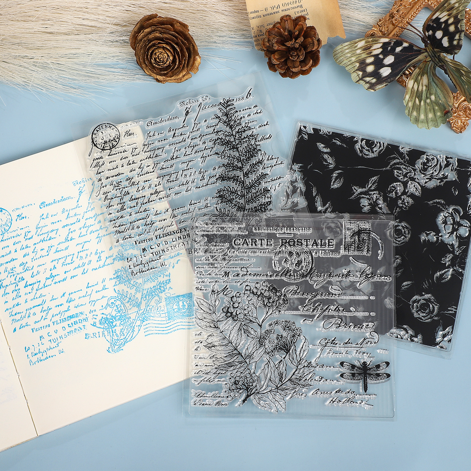 실리콘 스탬프 - 빈티지 잎 새 꽃 악보 투명