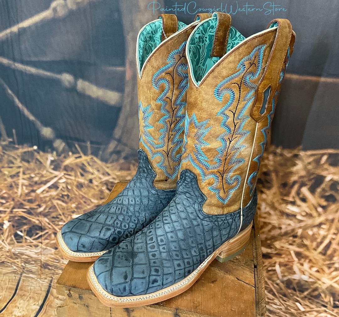 Corral Women’s Sand/Blue Alligator Embroidery Square Toe Boots A4199